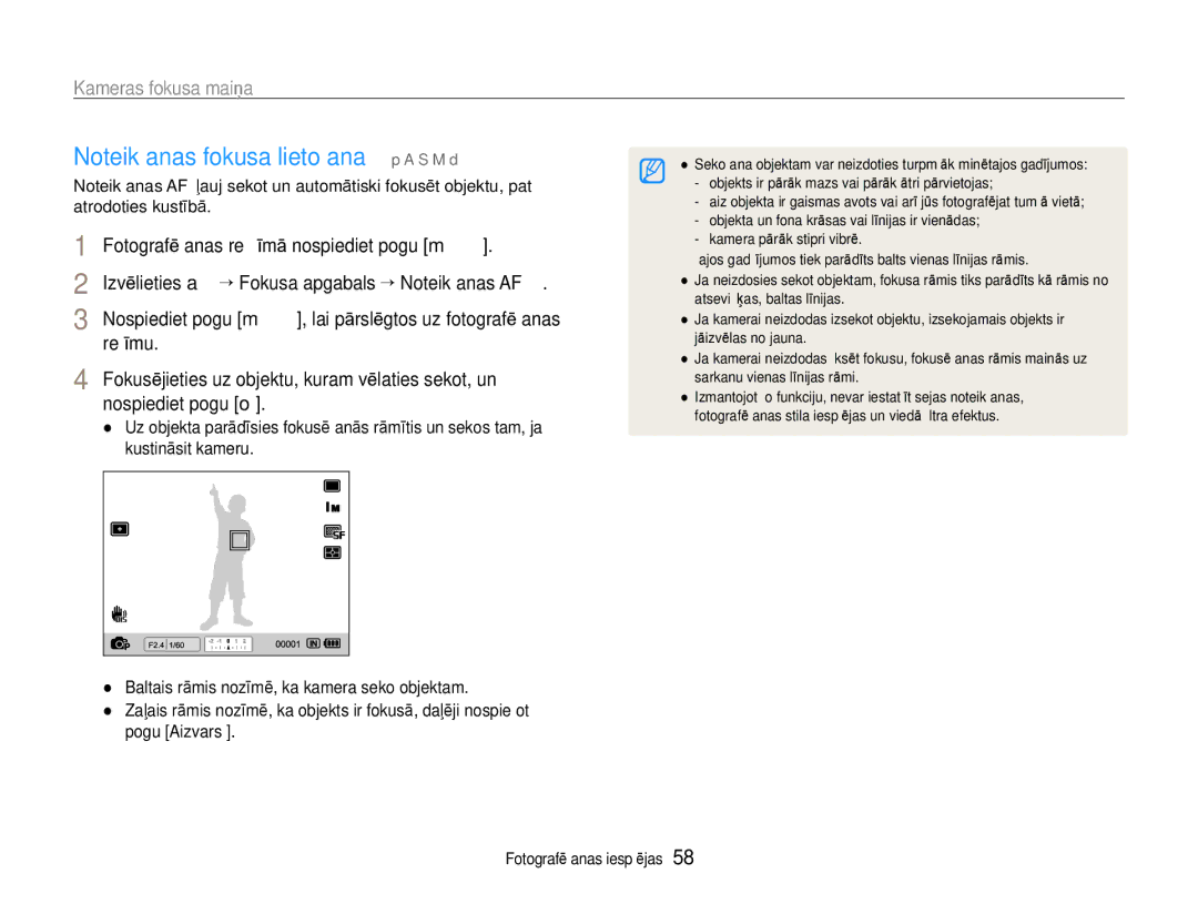 Samsung EC-EX1ZZZBPBRU manual Izvēlieties a “ Fokusa apgabals “ Noteikšanas AF 