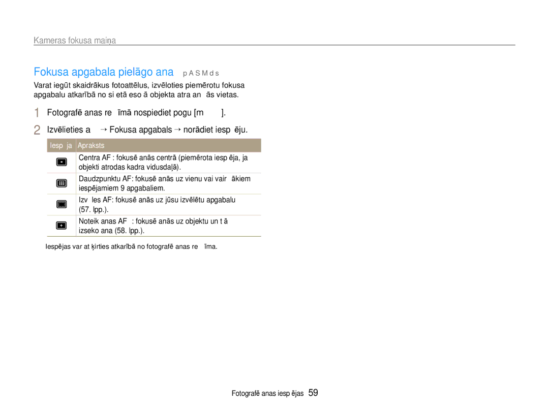 Samsung EC-EX1ZZZBPBRU manual Fokusa apgabala pielāgošana p a S M d s 