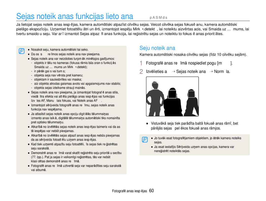 Samsung EC-EX1ZZZBPBRU manual Sejas noteikšanas funkcijas lietošana p a S M d s, Seju noteikšana 