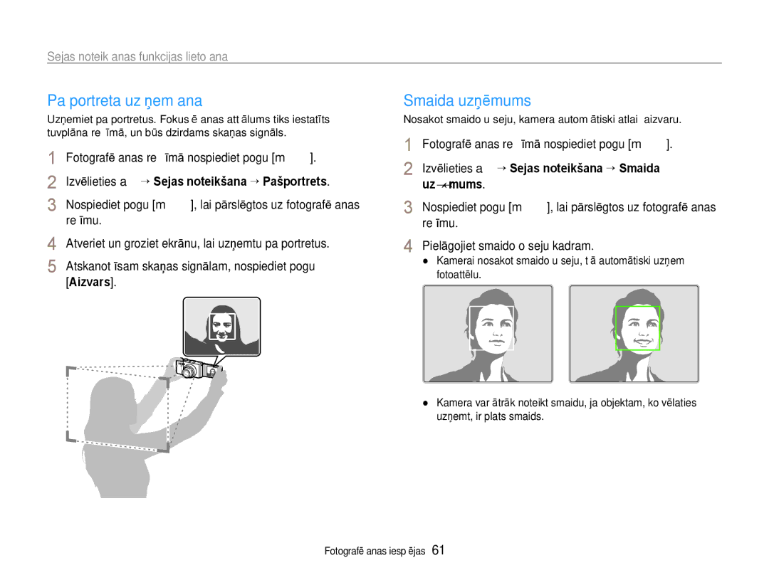 Samsung EC-EX1ZZZBPBRU manual Pašportreta uzņemšana, Smaida uzņēmums, Sejas noteikšanas funkcijas lietošana, Aizvars 