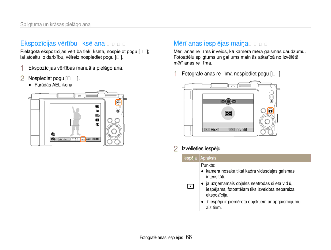 Samsung EC-EX1ZZZBPBRU manual Ekspozīcijas vērtību ﬁksēšana t p a S d, Mērīšanas iespējas maiņa p a S M d 