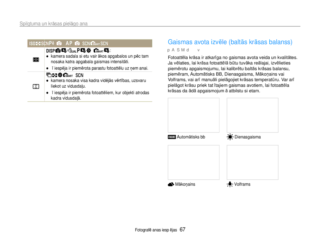 Samsung EC-EX1ZZZBPBRU manual Gaismas avota izvēle baltās krāsas balanss, Daudzpunktu, Centrs 