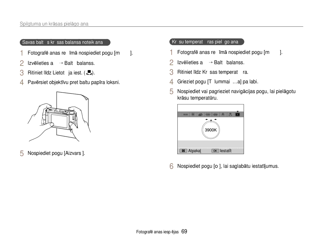 Samsung EC-EX1ZZZBPBRU manual Ritiniet līdz Krāsas temperatūra, Krāsu temperatūru, Savas baltās krāsas balansa noteikšana 