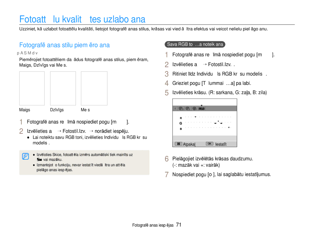 Samsung EC-EX1ZZZBPBRU manual Fotoattēlu kvalitātes uzlabošana, Fotografēšanas stilu piemērošana, Sava RGB toņa noteikšana 