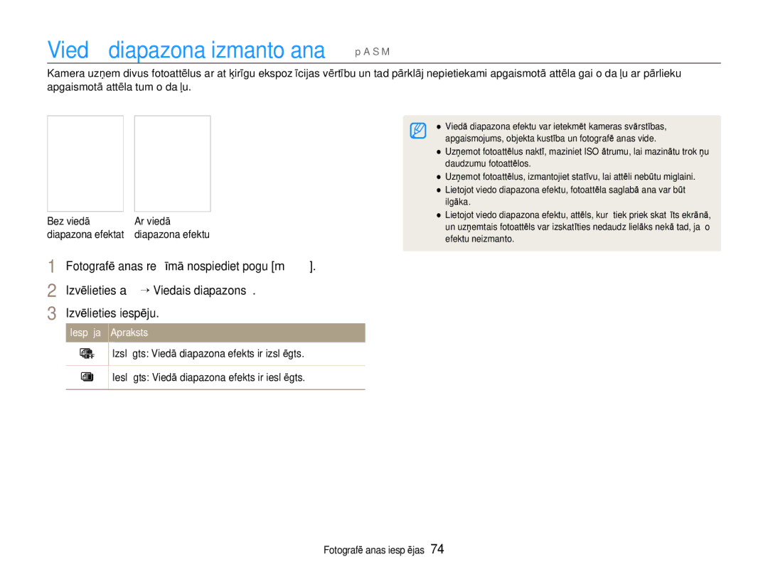 Samsung EC-EX1ZZZBPBRU manual Viedā diapazona izmantošana p a S M, Diapazona efektat Diapazona efektu 