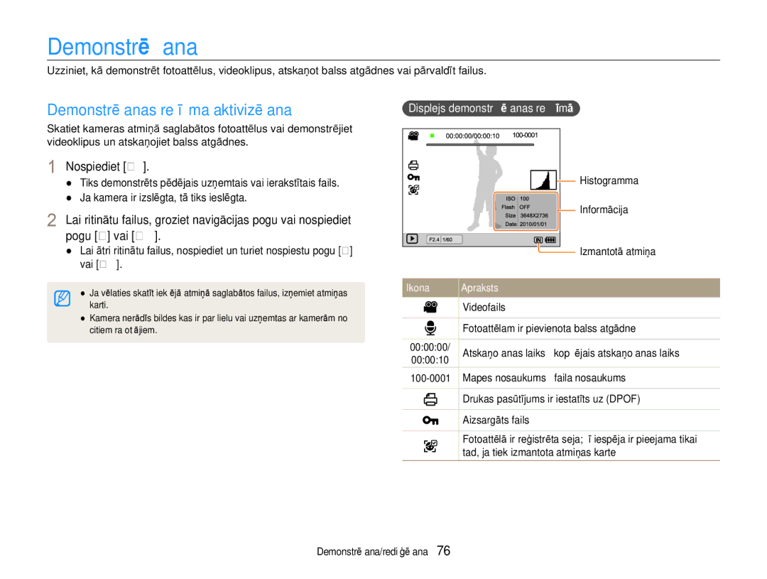 Samsung EC-EX1ZZZBPBRU manual Demonstrēšanas režīma aktivizēšana, Nospiediet P, Displejs demonstrēšanas režīmā 