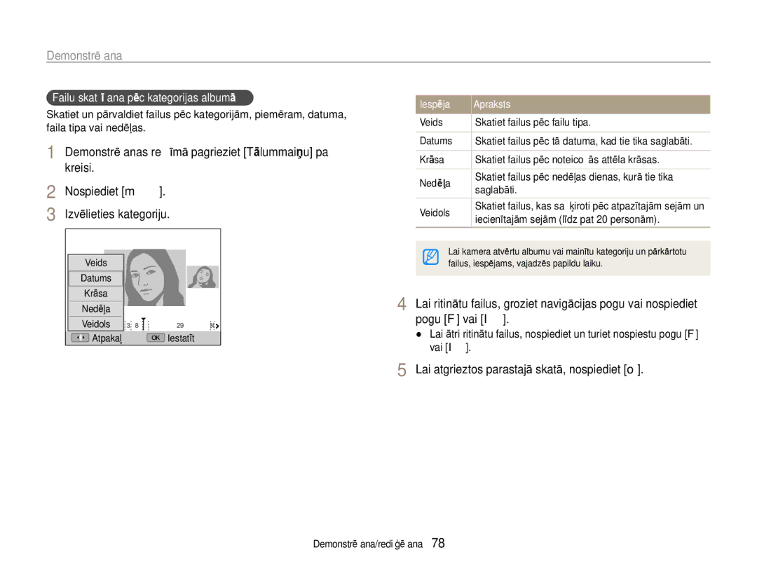 Samsung EC-EX1ZZZBPBRU manual Izvēlieties kategoriju, Lai atgrieztos parastajā skatā, nospiediet o 