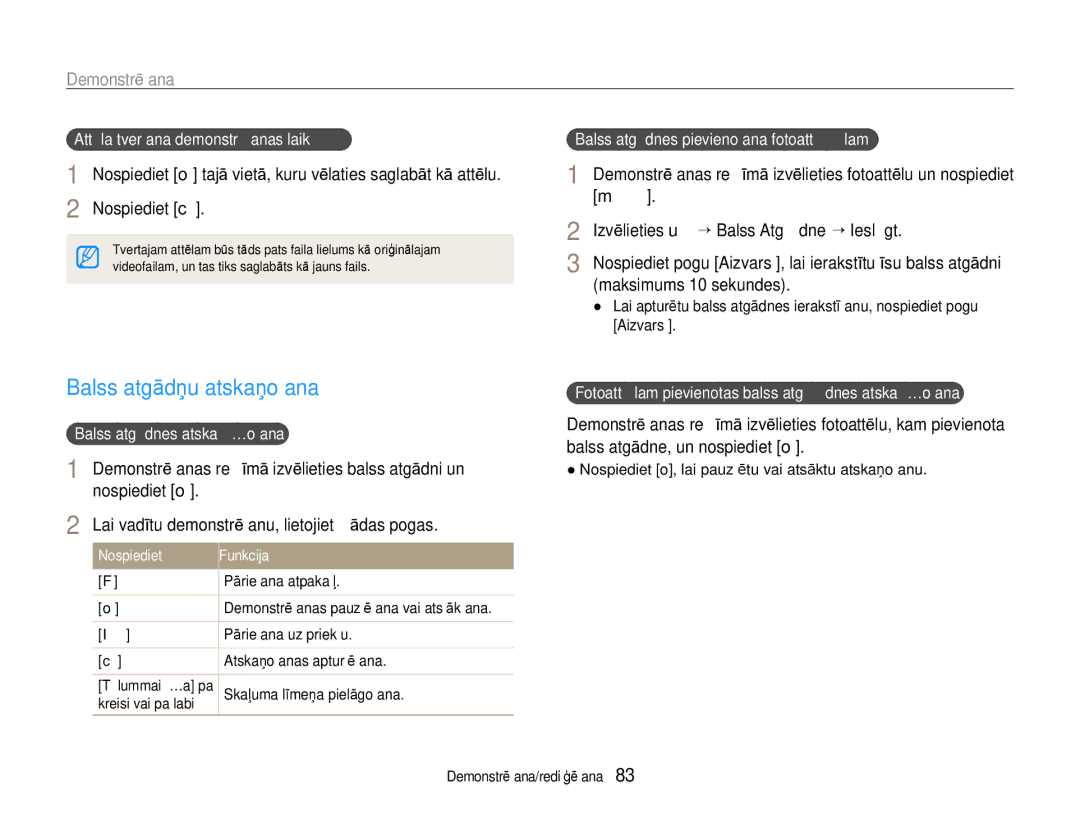 Samsung EC-EX1ZZZBPBRU manual Balss atgādņu atskaņošana, Nospiediet c, Izvēlieties u “ Balss Atgādne “ Ieslēgt 