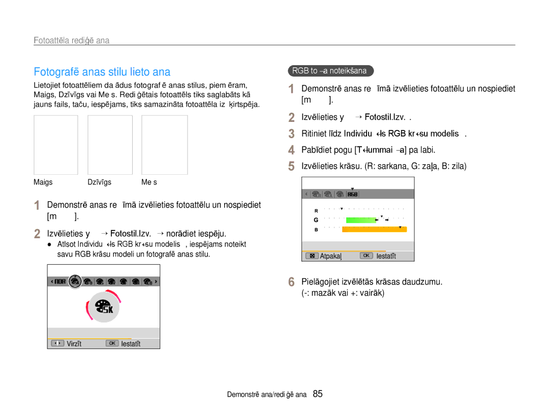 Samsung EC-EX1ZZZBPBRU Fotografēšanas stilu lietošana, Fotoattēla rediģēšana, Ritiniet līdz Individuāls RGB krāsu modelis 