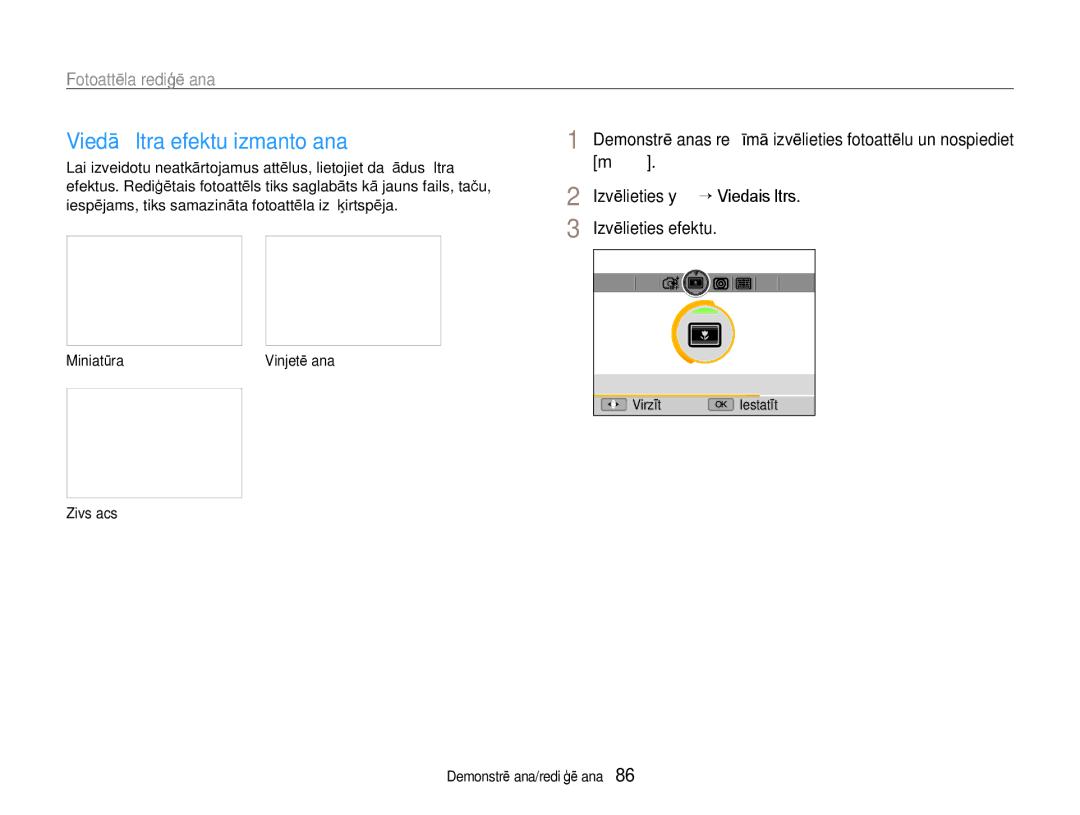 Samsung EC-EX1ZZZBPBRU manual Viedā ﬁltra efektu izmantošana, MiniatūraVinjetēšana 