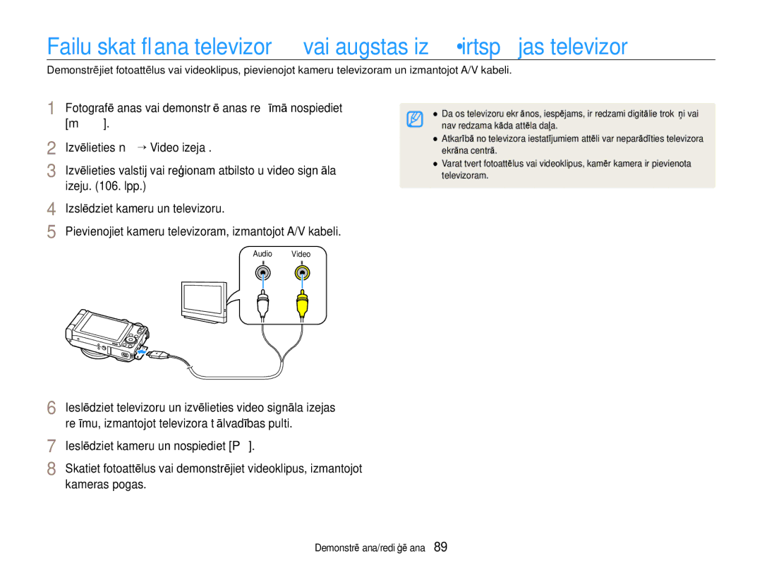 Samsung EC-EX1ZZZBPBRU manual Izvēlieties n “ Video izeja, Izeju . lpp Izslēdziet kameru un televizoru, Kameras pogas 