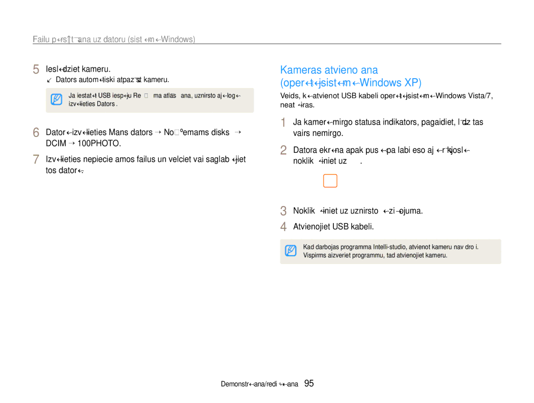 Samsung EC-EX1ZZZBPBRU manual Kameras atvienošana Operētājsistēmā Windows XP 