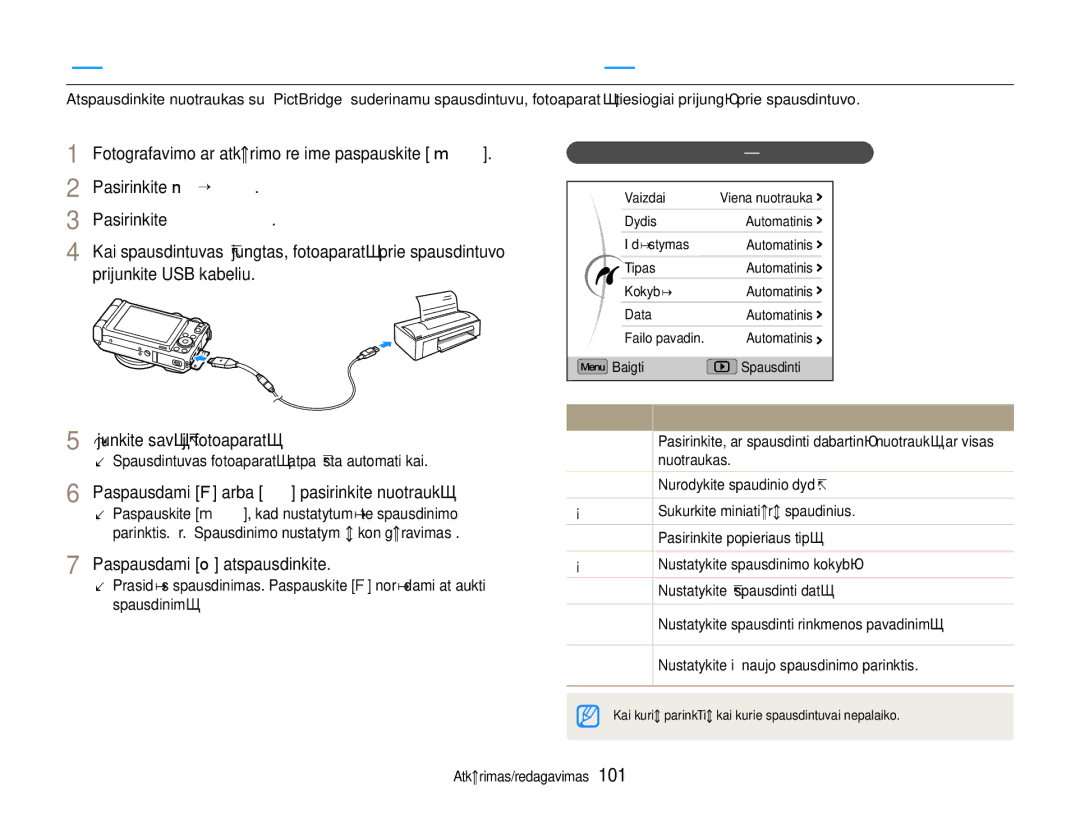 Samsung EC-EX1ZZZBPBRU manual Paspausdami F arba I pasirinkite nuotrauką, Paspausdami o atspausdinkite 