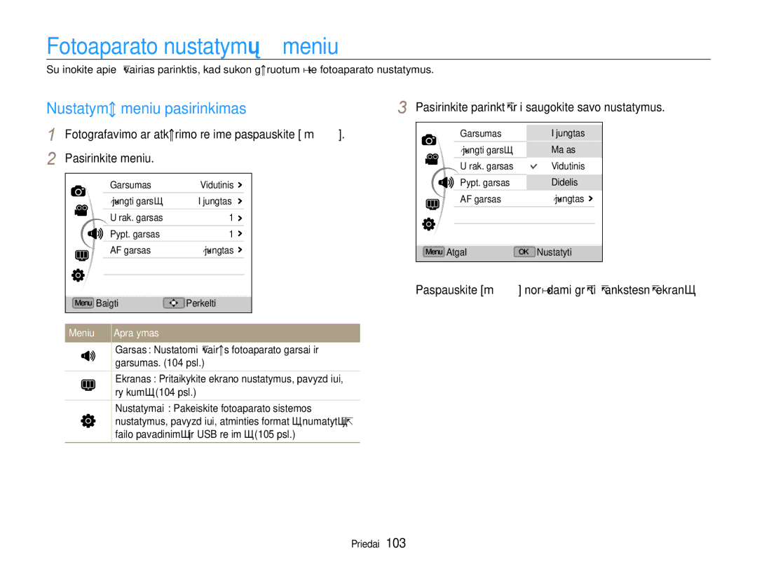 Samsung EC-EX1ZZZBPBRU manual Fotoaparato nustatymų meniu, Nustatymų meniu pasirinkimas 