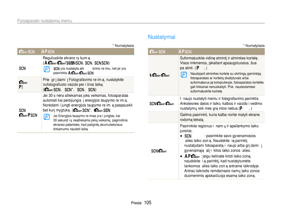 Samsung EC-EX1ZZZBPBRU manual Nustatymai, Automatinis*, Tamsus, Normalus, Šviesus, Išjungtas, 0,5 s*, 1 s, 3 s 