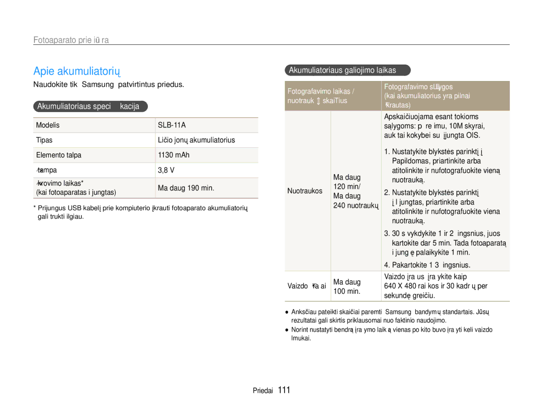 Samsung EC-EX1ZZZBPBRU manual Apie akumuliatorių, Akumuliatoriaus speciﬁkacija, Akumuliatoriaus galiojimo laikas 