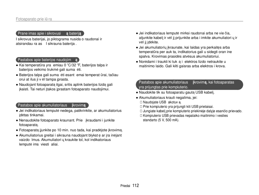 Samsung EC-EX1ZZZBPBRU manual Pranešimas apie išsikrovusią bateriją, Pastabos apie baterijos naudojimą 