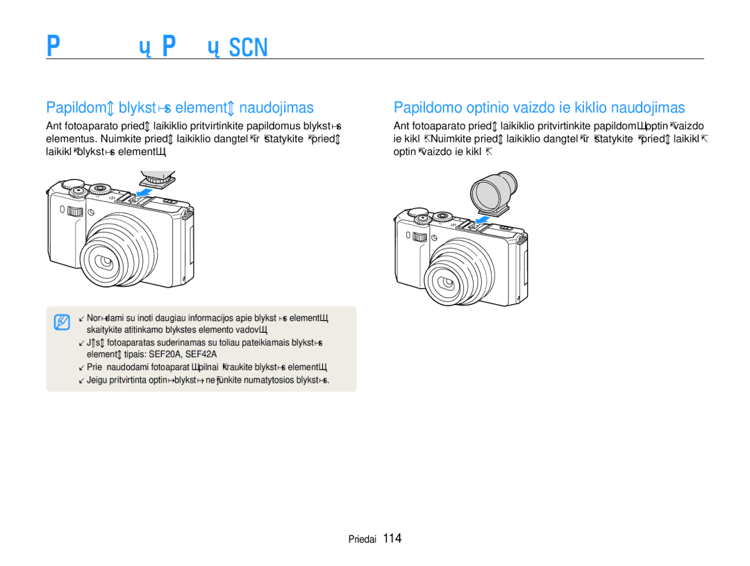 Samsung EC-EX1ZZZBPBRU manual Papildomų priedų naudojimas, Papildomų blykstės elementų naudojimas 