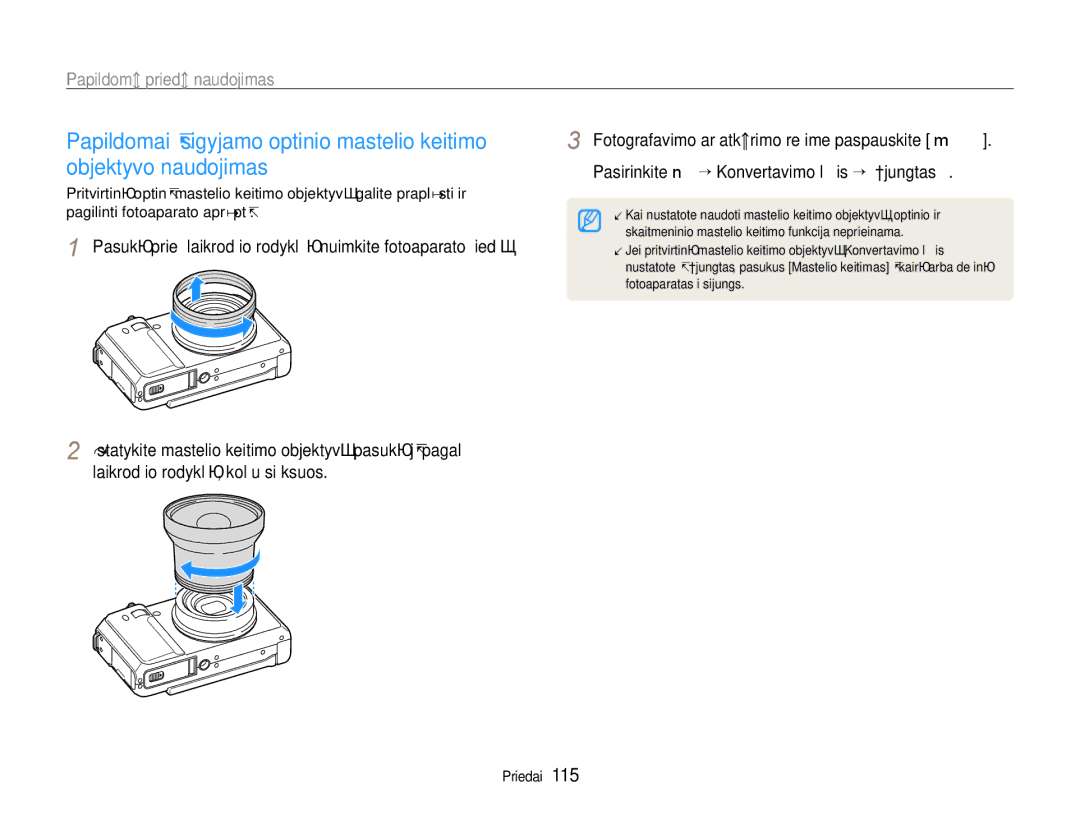 Samsung EC-EX1ZZZBPBRU manual Papildomų priedų naudojimas 