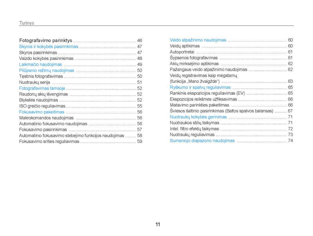 Samsung EC-EX1ZZZBPBRU manual Turinys 