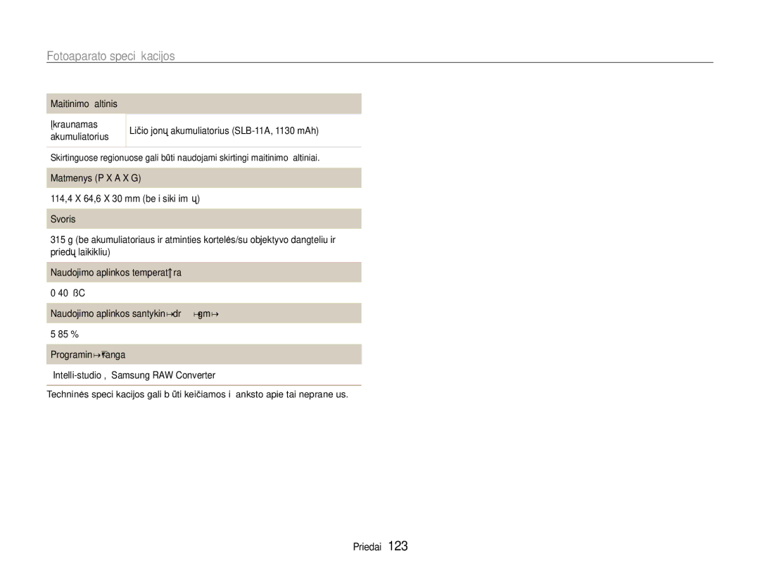 Samsung EC-EX1ZZZBPBRU Maitinimo šaltinis, Matmenys P X a X G, Svoris, Naudojimo aplinkos temperatūra, Programinė įranga 