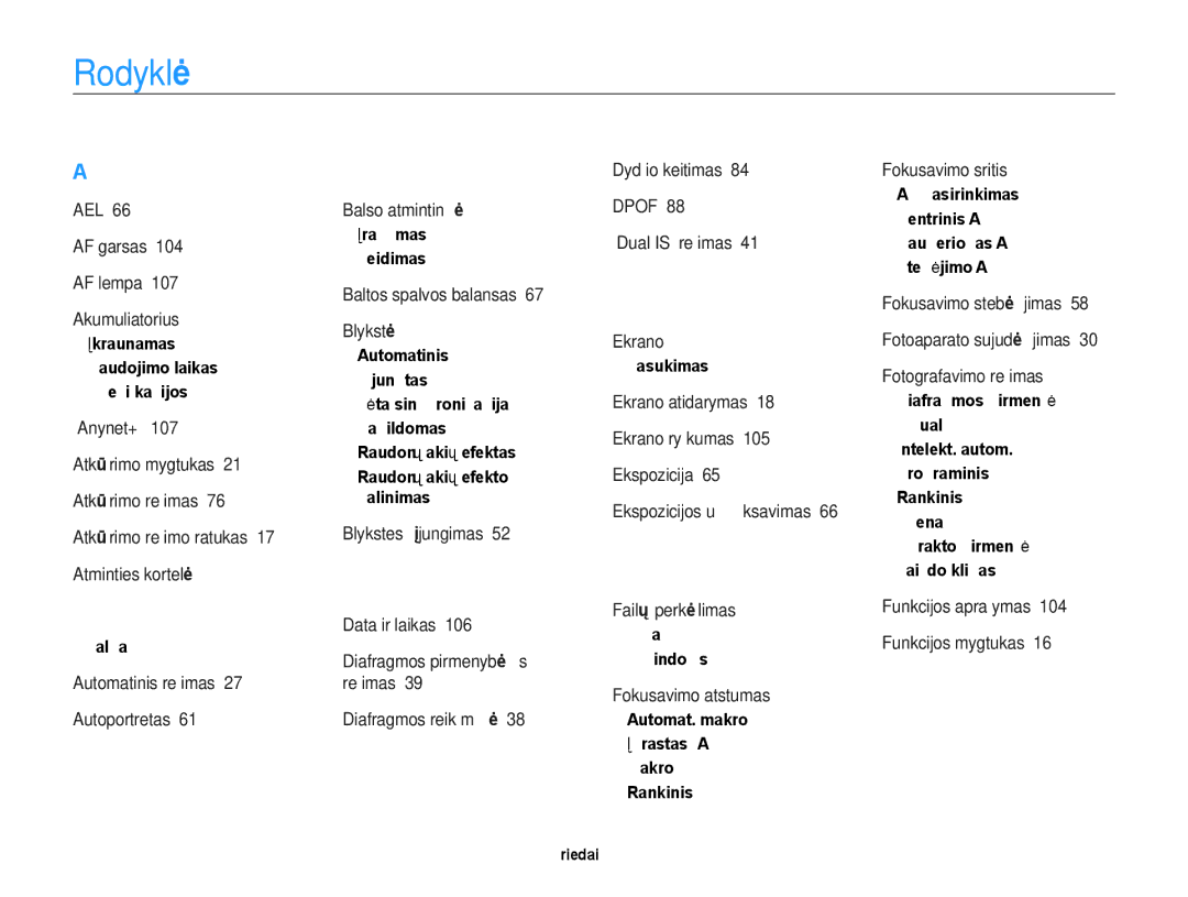 Samsung EC-EX1ZZZBPBRU manual Rodyklė 