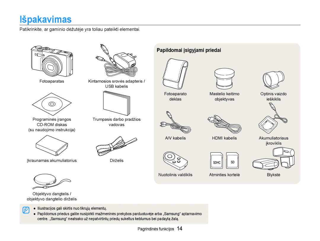 Samsung EC-EX1ZZZBPBRU manual Išpakavimas, Papildomai įsigyjami priedai 