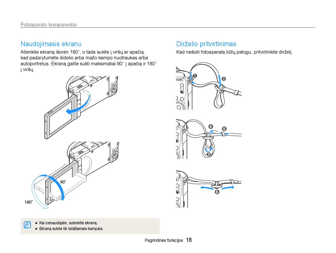 Samsung EC-EX1ZZZBPBRU manual Naudojimasis ekranu, Dirželio pritvirtinimas 