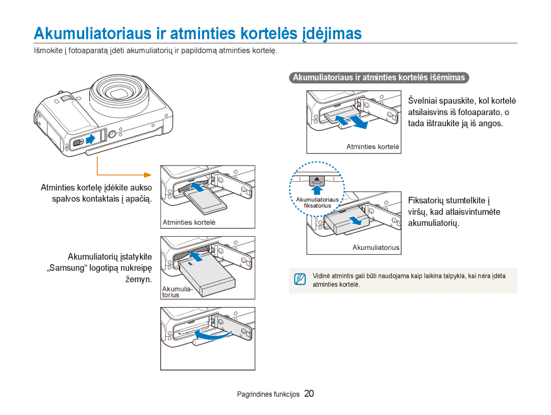 Samsung EC-EX1ZZZBPBRU manual Akumuliatoriaus ir atminties kortelės įdėjimas, Fiksatorių stumtelkite į, Akumuliatorių 