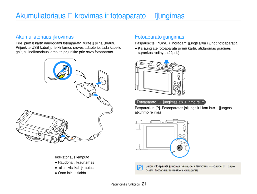 Samsung EC-EX1ZZZBPBRU manual Akumuliatoriaus įkrovimas ir fotoaparato įjungimas, Oranžinis klaida 