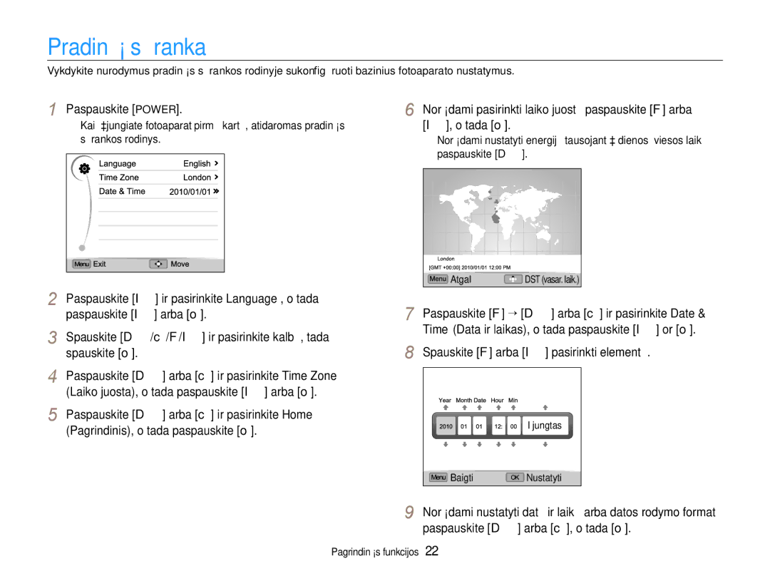 Samsung EC-EX1ZZZBPBRU manual Pradinė sąranka, Paspauskite Power, Tada o, Pagrindinis, o tada paspauskite o 