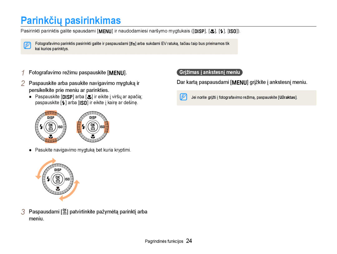 Samsung EC-EX1ZZZBPBRU manual Parinkčių pasirinkimas, Fotografavimo režimu paspauskite m, Grįžimas į ankstesnį meniu 