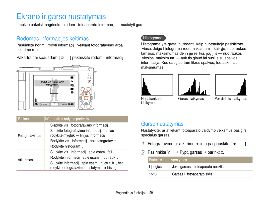 Samsung EC-EX1ZZZBPBRU manual Ekrano ir garso nustatymas, Rodomos informacijos keitimas, Garso nustatymas 