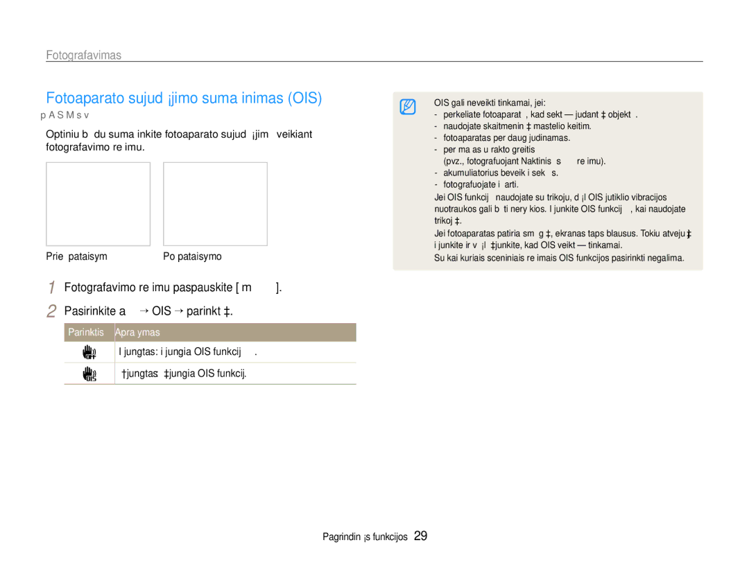 Samsung EC-EX1ZZZBPBRU manual Fotoaparato sujudėjimo sumažinimas OIS 