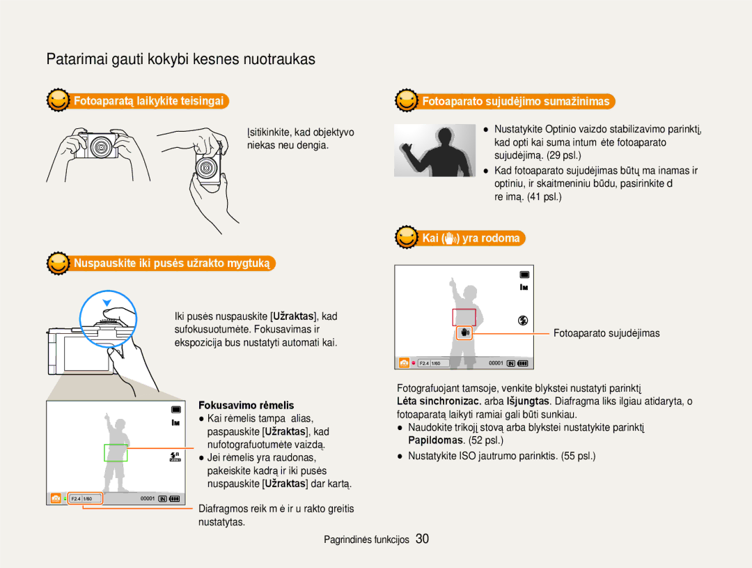 Samsung EC-EX1ZZZBPBRU manual Fotoaparatą laikykite teisingai, Nuspauskite iki pusės užrakto mygtuką, Fokusavimo rėmelis 