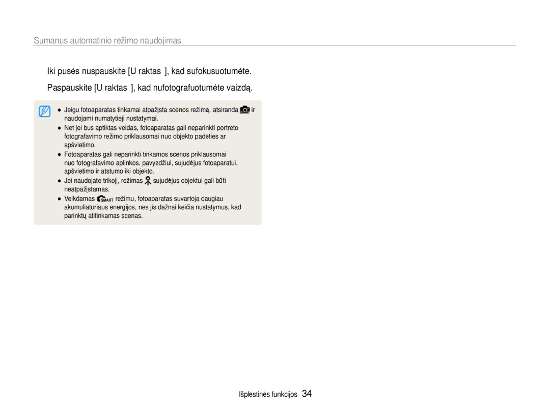 Samsung EC-EX1ZZZBPBRU manual Sumanus automatinio režimo naudojimas 