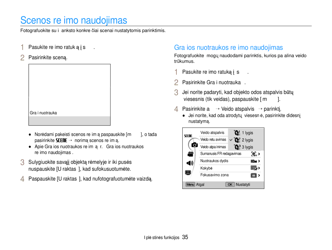 Samsung EC-EX1ZZZBPBRU manual Scenos režimo naudojimas, Gražios nuotraukos režimo naudojimas, Pasirinkite Graži nuotrauka 