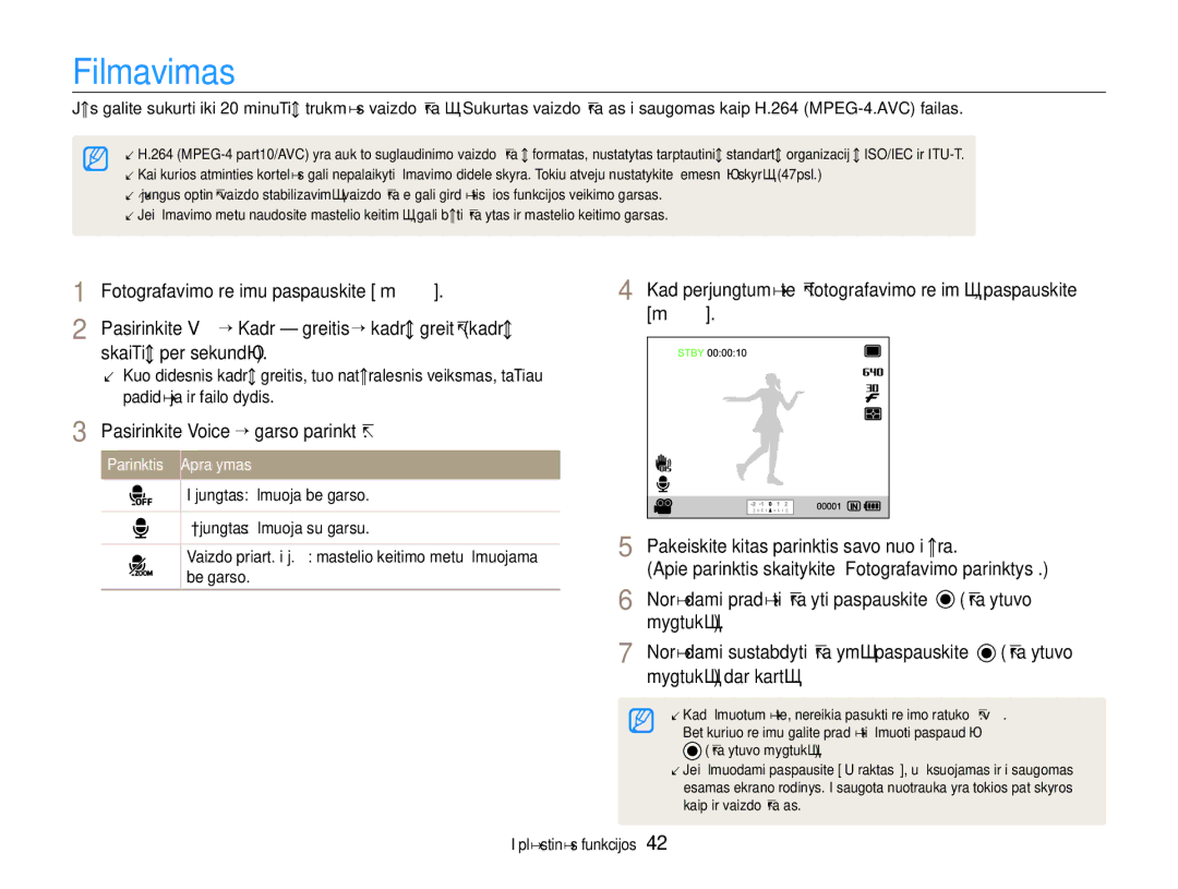 Samsung EC-EX1ZZZBPBRU manual Filmavimas, Pasirinkite Voice ““garso parinktį 