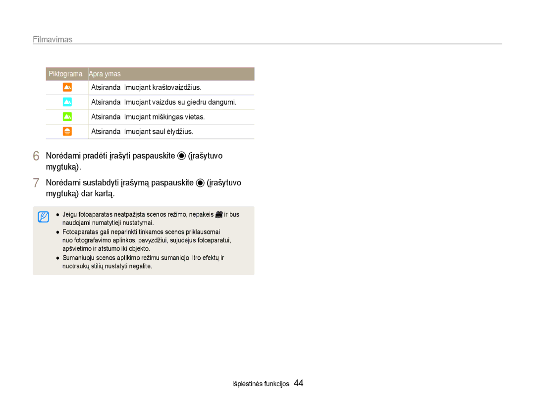 Samsung EC-EX1ZZZBPBRU manual Piktograma Aprašymas 