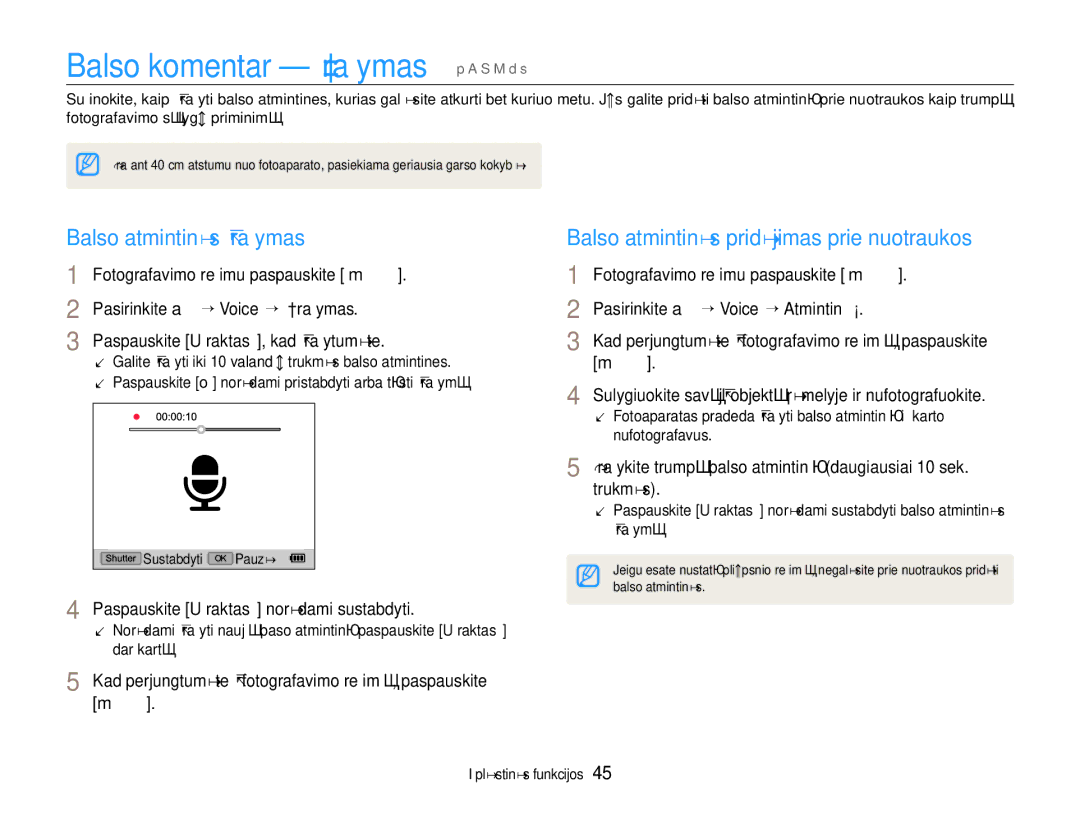 Samsung EC-EX1ZZZBPBRU manual Balso komentarų įrašymas p a S M d s, Balso atmintinės įrašymas 