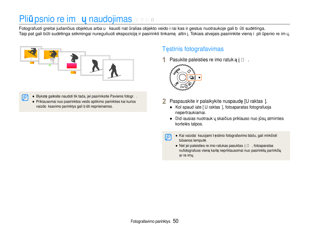 Samsung EC-EX1ZZZBPBRU manual Pliūpsnio režimų naudojimas p a S M s, Tęstinis fotografavimas 