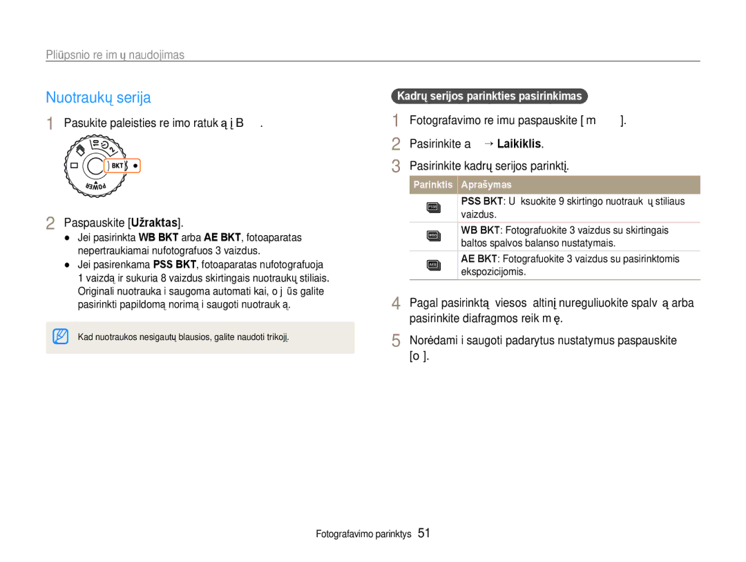 Samsung EC-EX1ZZZBPBRU manual Nuotraukų serija, Pasukite paleisties režimo ratuką į B Paspauskite Užraktas 