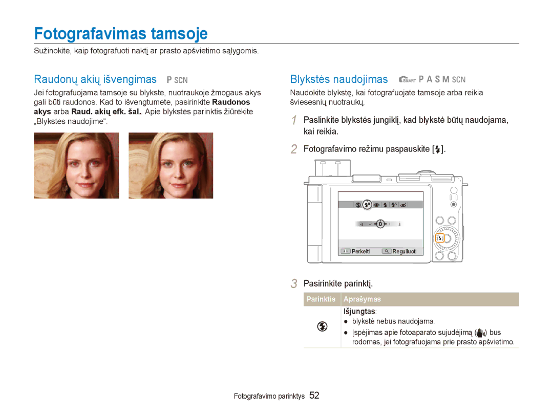 Samsung EC-EX1ZZZBPBRU manual Fotografavimas tamsoje, Raudonų akių išvengimas ps, Blykstės naudojimas tpASMs, Išjungtas 