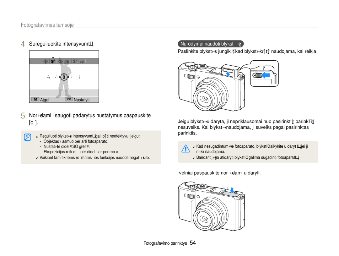 Samsung EC-EX1ZZZBPBRU manual Sureguliuokite intensyvumą, Švelniai paspauskite norėdami uždaryti 