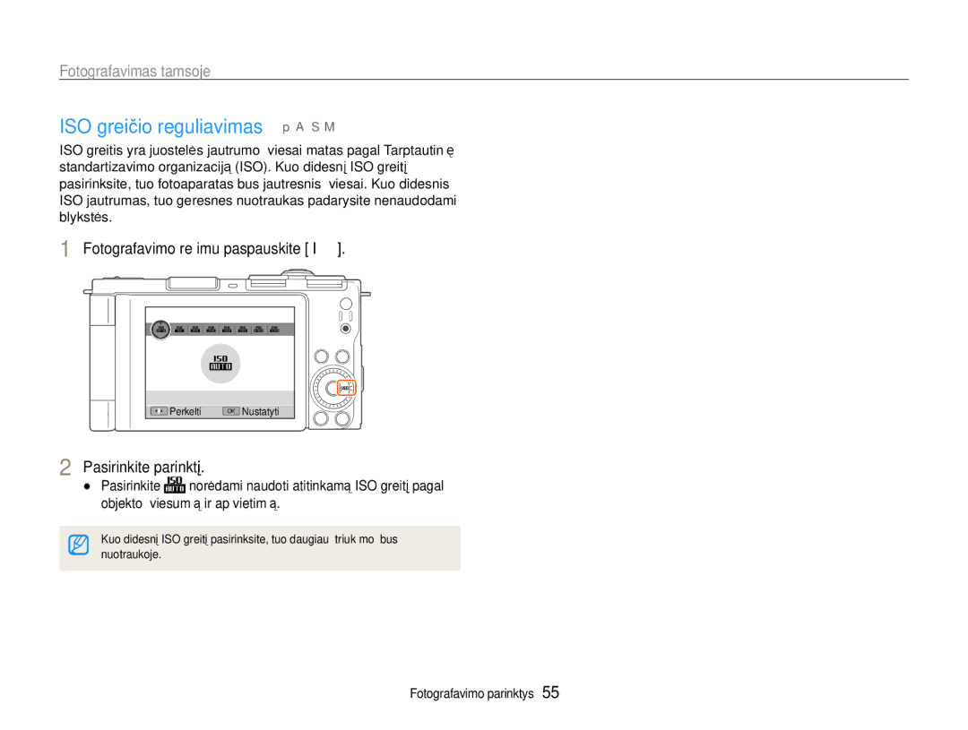 Samsung EC-EX1ZZZBPBRU manual ISO greičio reguliavimas p a S M, Fotografavimo režimu paspauskite 