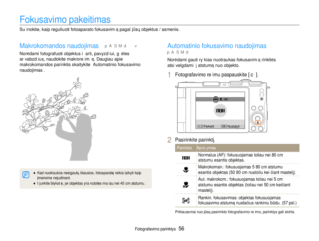 Samsung EC-EX1ZZZBPBRU manual Fokusavimo pakeitimas, Makrokomandos naudojimas p a S M d, Automatinio fokusavimo naudojimas 