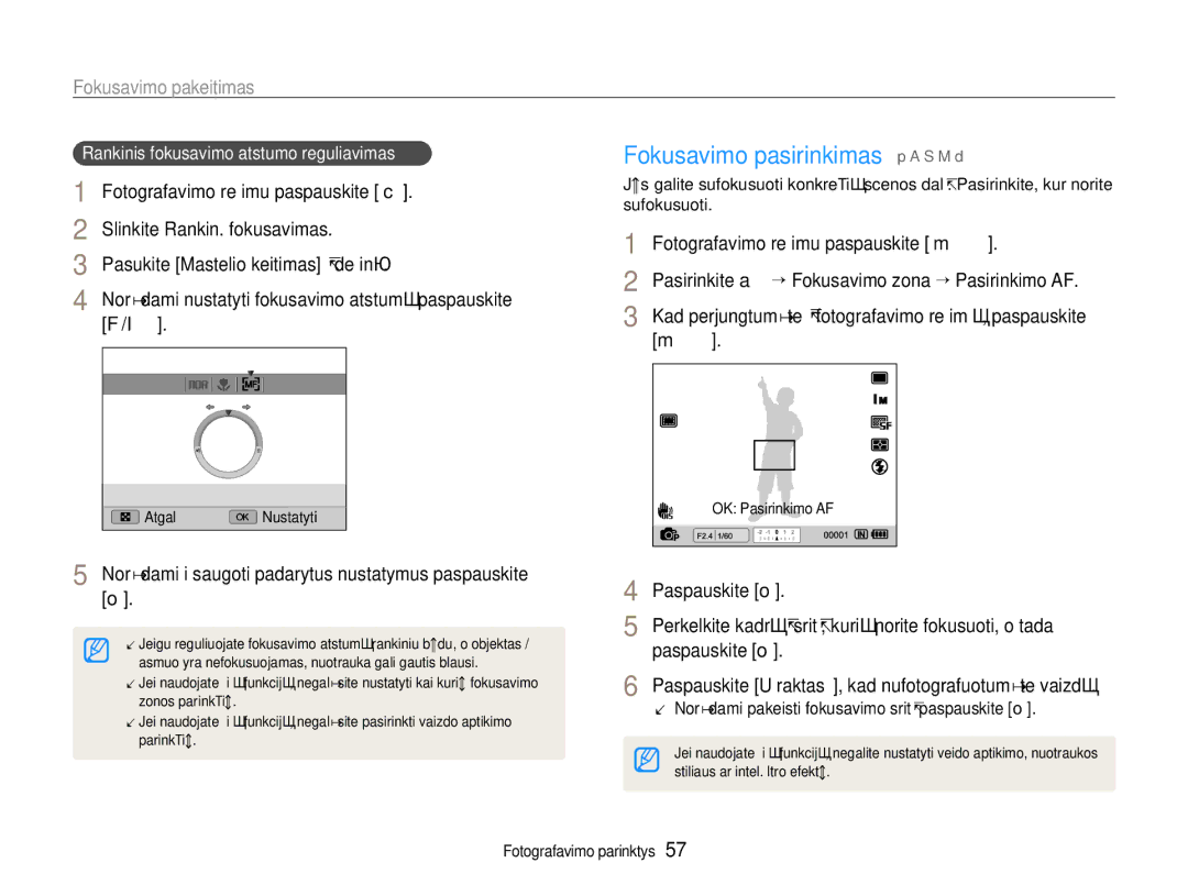 Samsung EC-EX1ZZZBPBRU manual Fokusavimo pasirinkimas p a S M d, Slinkite Rankin. fokusavimas, Paspauskite o 