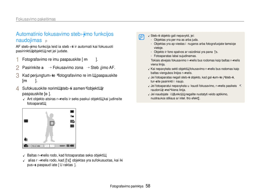 Samsung EC-EX1ZZZBPBRU manual Fotografavimo režimu paspauskite m, Pasirinkite a “ Fokusavimo zona “ Stebėjimo AF 