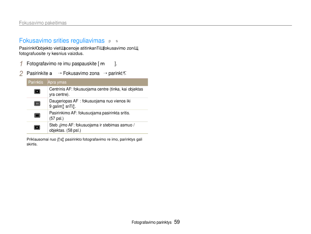 Samsung EC-EX1ZZZBPBRU manual Fokusavimo srities reguliavimas p a S M d s, Pasirinkimo AF fokusuojama pasirinkta sritis psl 