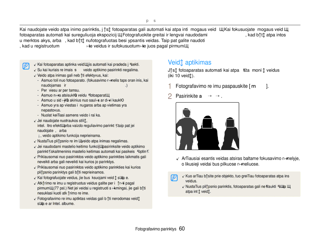 Samsung EC-EX1ZZZBPBRU manual Veido atpažinimo naudojimas p a S M d s, Veidų aptikimas 